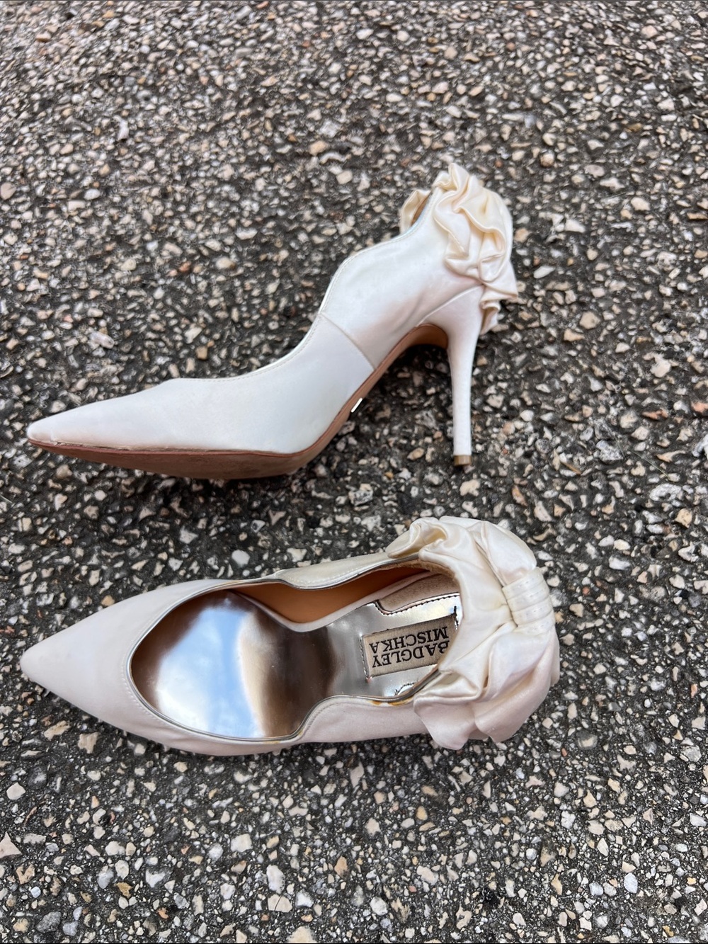 Badgley Mischka Ivory Silk Pointed-Toe Stiletto Heels with Ruffle Accent